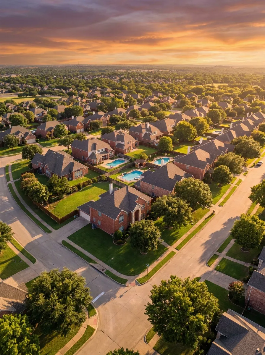 Aerial view of a Fort Worth suburban neighborhood at golden hour