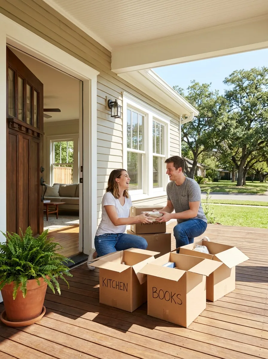 First-time Fort Worth home buyers unpacking boxes inside their new house