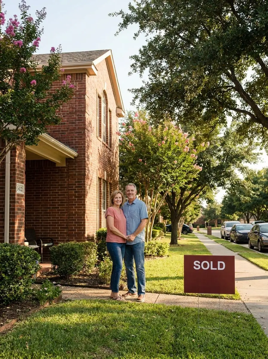A Fort Worth couple standing in front of their sold home with a SOLD sign in the yard