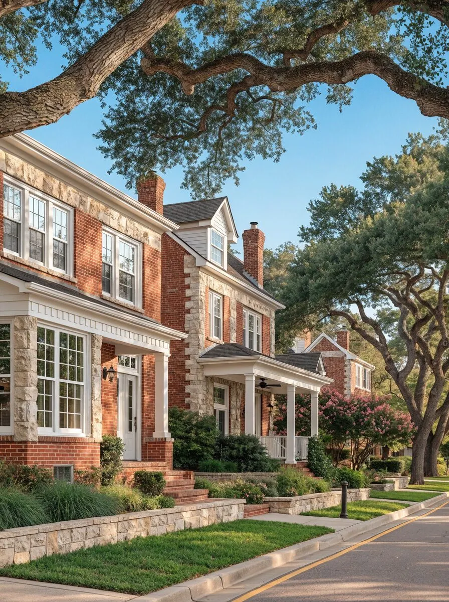 Red brick and limestone two-story homes along a quiet tree-lined residential street in Fort Worth, Texas