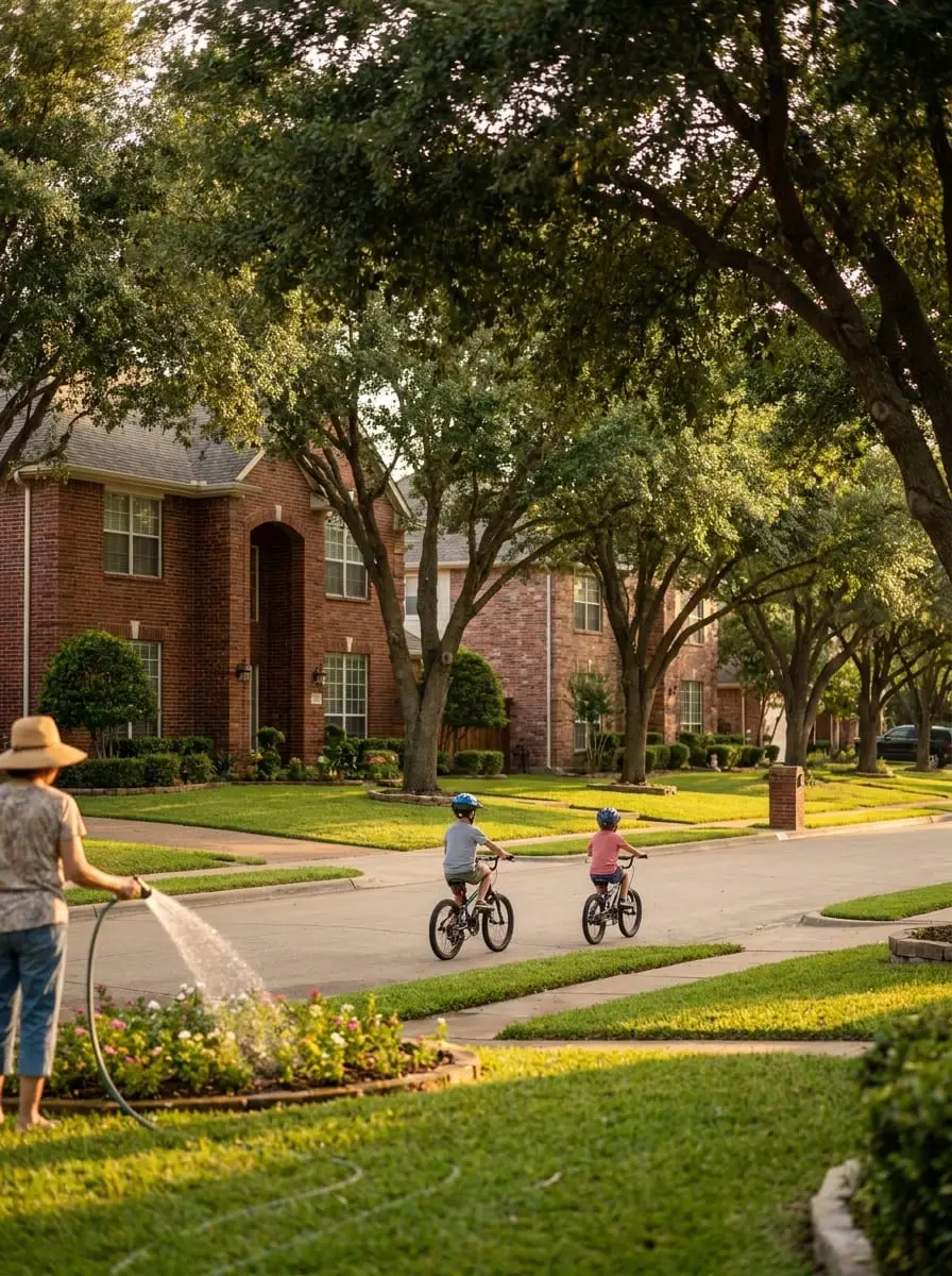 Tree-lined Fort Worth suburban street with stately Texas brick homes