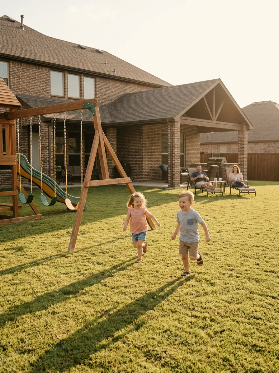 Children playing safely in the backyard of a Fort Worth suburban family home