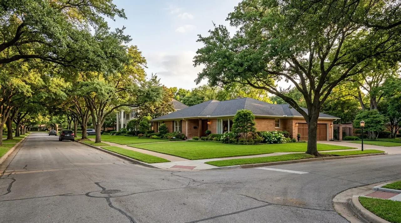 Mature oak-shaded 1950s ranch homes on large lots in the Tanglewood neighborhood near TCU in Fort Worth