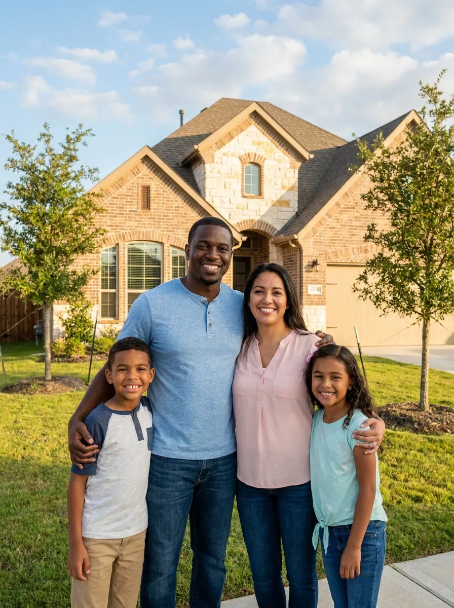 Happy DFW client family in front of their new Fort Worth suburban home